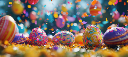 easter eggs and candy confetti falling on the tabletop.の素材