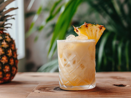 drink served with slice of pineapple on a wooden table.の素材