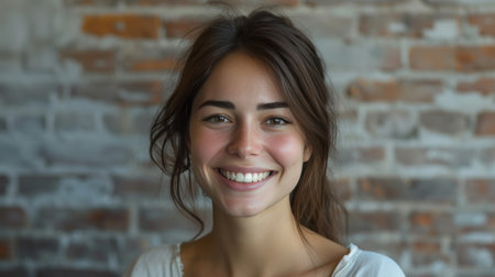 Sporting a genuine smile, she invites viewers into her world of beauty and self-expression.の素材