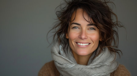 Sporting a genuine smile, she invites viewers into her world of beauty and self-expression.の素材