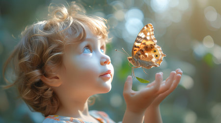 A child's eyes wide with wonder at a butterfly landing on their hand.の素材
