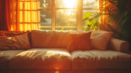 Cozy living room with soft, inviting couches bathed in warm sunlight streaming through the window.の素材