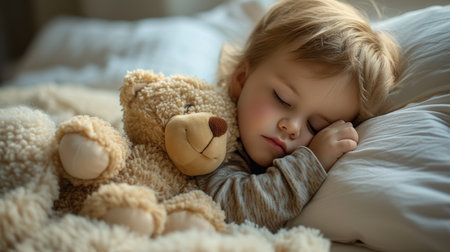 A little one fast asleep, clutching their favorite stuffed animal in a peaceful slumber.の素材