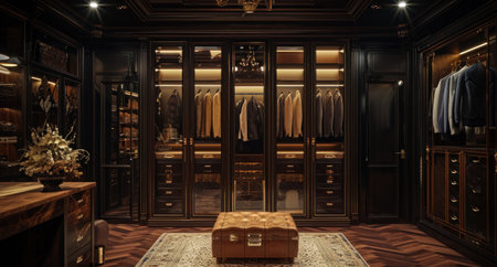 a walk in closet with a white cabinet and brown leather.の素材