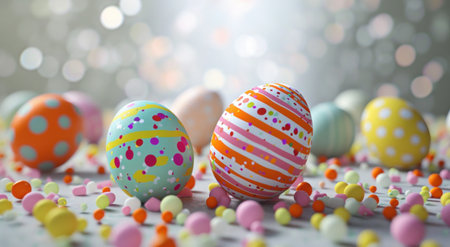 colorful easter eggs on table and white confetti backgrounds.の素材