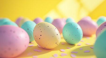 color coated eggs on a yellow background.の素材