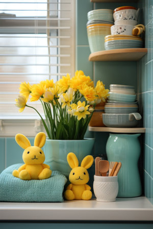 Easter-themed Towels, Bunny Figurines, and Potted Daffodils.の素材