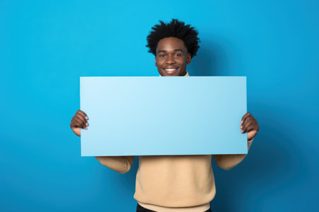 young black man holding a bill board on blue backgrounds.の素材