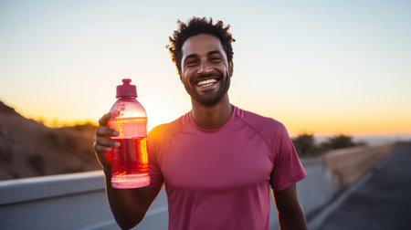 smiling man wearing pink shirt holding a water bottle at sunset.の素材