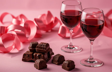 romantic wine and chocolate on pink background.の素材
