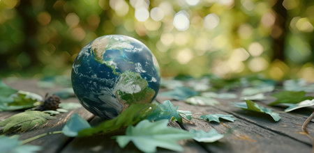 the earth is sitting on a table near leaves.の素材