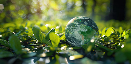 the earth is sitting on a table near leaves.の素材