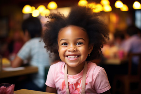 little girl smiling at a restaurant for her birthday party.の素材