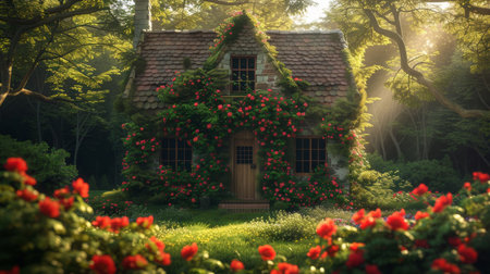 Quaint stone cottage veiled in lush ivy and vibrant flowersの素材