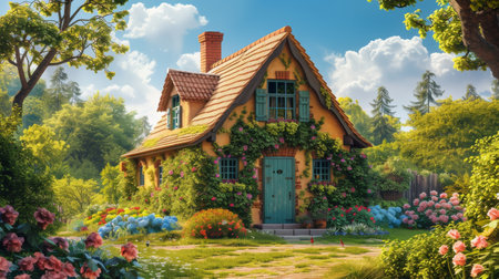 Quaint stone cottage veiled in lush ivy and vibrant flowersの素材