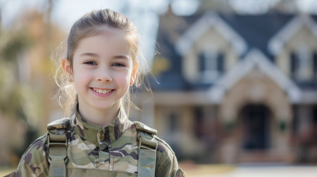 Cheerful young girl wearing camouflage jacket, residential backgroundの素材