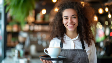 Smiling waitress with curly hair presents a fresh cup of coffeeの素材