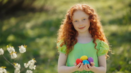 Red-haired girl with Easter eggs in spring bloomの素材