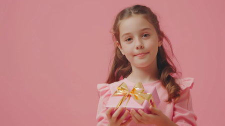 Smiling girl holding a pink gift box with a golden bow on a pink backgroundの素材