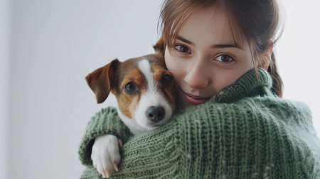 Smiling young girl in a green sweater lovingly holding a Jack Russell Terrierの素材