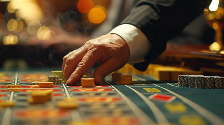 Close-up of croupier's hand with chips on the gambling tableの素材