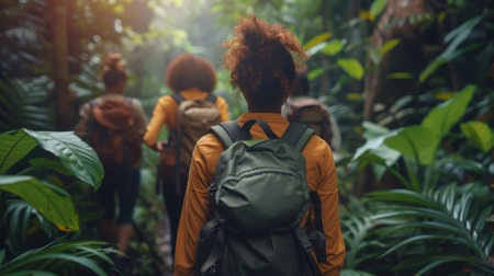 Friends trekking in dense green forest, view from behindの素材