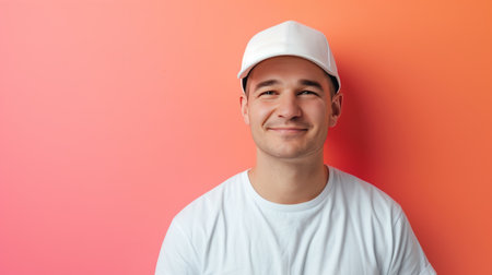 Casual young man in a white cap and t-shirt, smiling on a minimalist background.の素材
