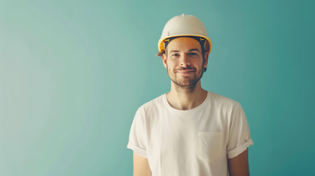 Smiling man in hard hat against cityscape backdrop.の素材