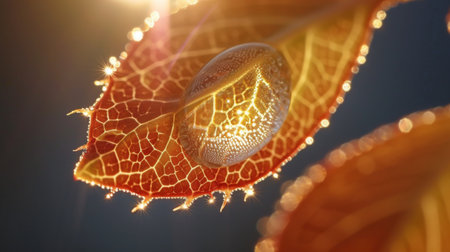 Sunlight glistens through a dewdrop on a vibrant red autumn leaf, detailed veins highlightedの素材