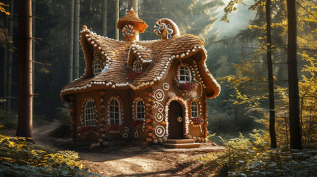 A gingerbread house dusted with sugar, nestled in a mystical forest settingの素材