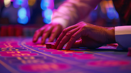 Close-up of croupier's hand with chips on the gambling tableの素材