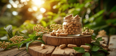 Golden capsules in a jar amidst lush greenery and sunlightの素材