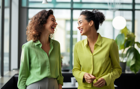 two women in office talking about something on a tablet.の素材