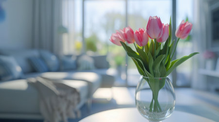 Beautiful pink tulips stand in a clear glass vase on a white round table in the middle of a bright modern living room.の素材