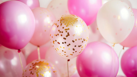 Beautiful holiday background with pink and gold balloons. Minimalistic light background.の素材