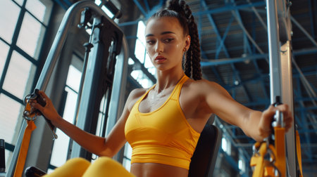 A young beautiful woman in a yellow fitness suit works out on a machine in the gym.の素材