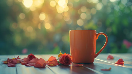 Beautiful minimalistic background with rose petals tea. There are rose petals next to the cup.の素材