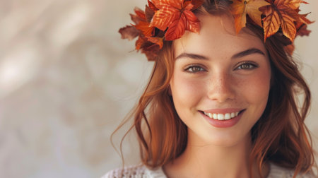 A young beautiful woman stands looking smiling at the camera.の素材