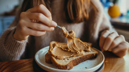 A young woman appears to be spreading nut butter on toast. Breakfast concept.の素材