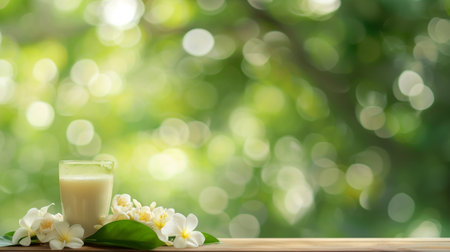 Beautiful minimalistic background with a cup of jasmine tea standing on a wooden table.の素材