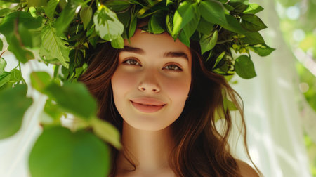 A young beautiful woman stands looking smiling at the camera.の素材