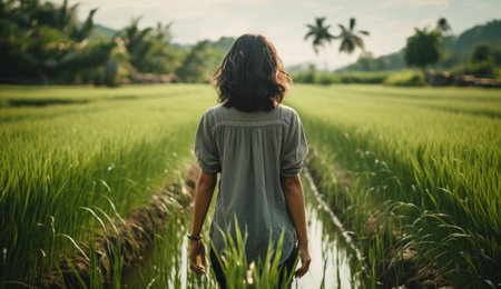 an Asian woman is standing by a rice paddy.の素材