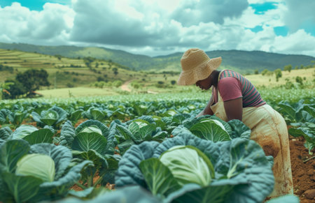 an AfricanAmerican woman harvesting cabbage in a field.の素材