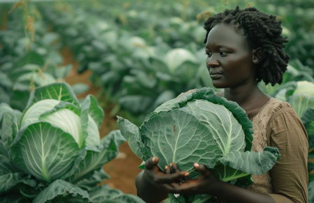 african american woman holding cabbage in field of field.の素材