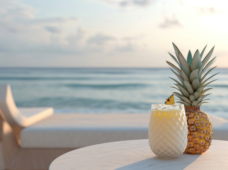 a pineapple cocktail on a table on a beach.の素材
