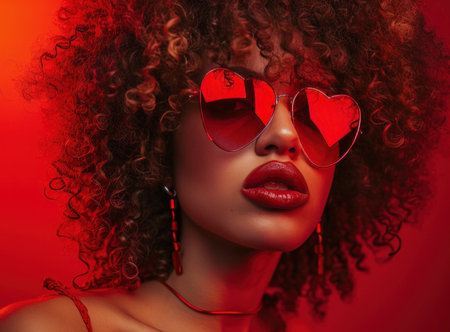 a curly haired woman with a cute red heart shaped sunglasses.の素材