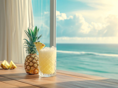 a pineapple cocktail on a table on a beach.の素材