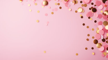 Beautiful abstract pink minimalistic background with golden small confetti and lots of space for texts in the center.の素材