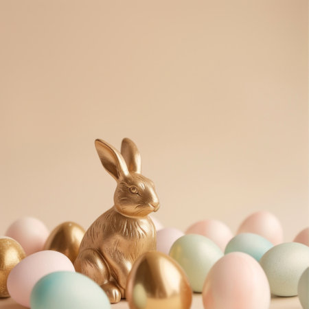 Gorgeous minimalist Easter backdrop adorned with vibrant eggs, a golden ceramic Easter bunny, and a spacious center for text..の素材