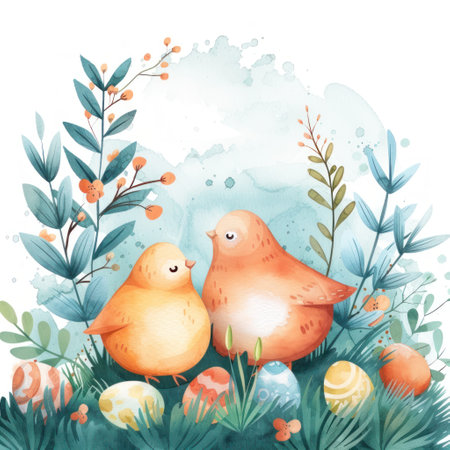 beautiful Easter day card, watercolor with Easter chickens isolated.の素材